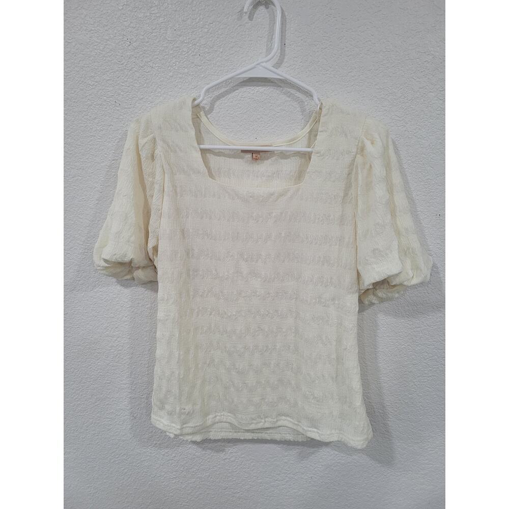 Skies Are Blue Women's Cream Textured‎ Puff Sleeve Top Medium Shirt Blouse #13